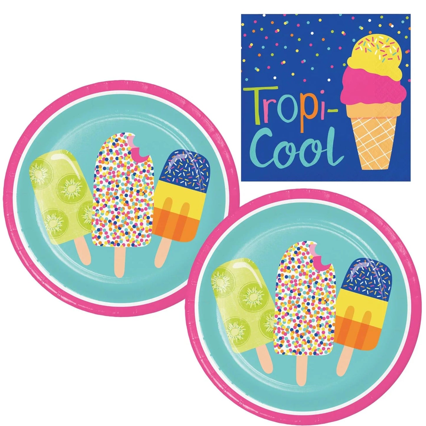 Summer Sweets Party Supplies Bundle Includes Paper Plates and Beverage Napkins for 16 People | Birthday Party, Pool Party, Picnic, BBQ, Luau, | Fun Ice Cream and Popsicles Themed Bundle